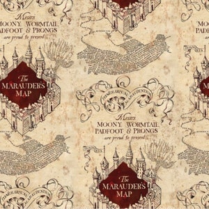 May include: A repeating pattern featuring a vintage map design with a parchment-like background. The map includes castle illustrations, scroll banners, and text that reads "The Marauder's Map" and "Messrs Moony, Wormtail, Padfoot & Prongs are proud to present."