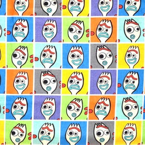 May include: A repeating pattern of cartoon fork characters with various facial expressions. Each character is set against a colorful square background of blue, orange, green, gray, purple, and yellow. The forks have white bodies, red eyebrows, and blue mouths.