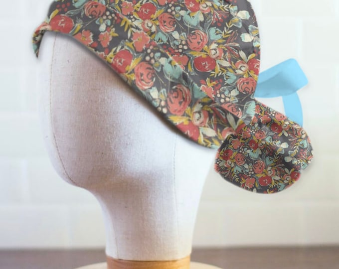 Womens Coral Floral Ponytail Scrub Cap