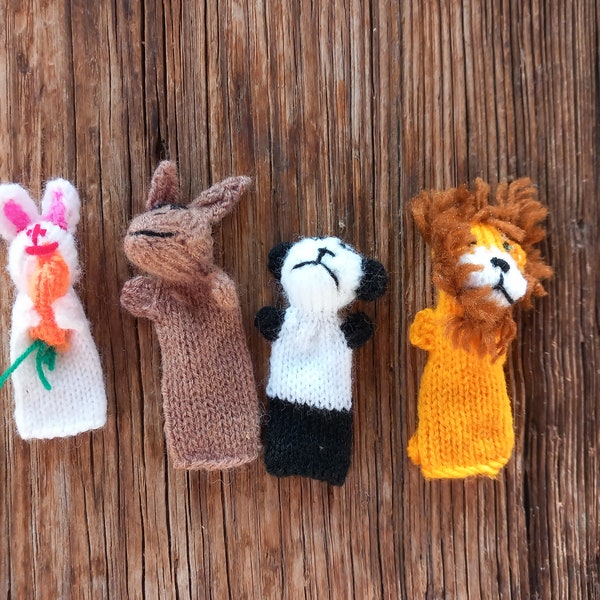 4 fingerpuppets rabbit panda lion kangaroo hand knitted Lima, Peru, fairtrade stocking filler