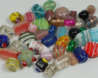 Indian venetian style glass bead mix x 50 beads fair trade varied colours, shapes, finishes, hand made and fairtrade (bg100a)
