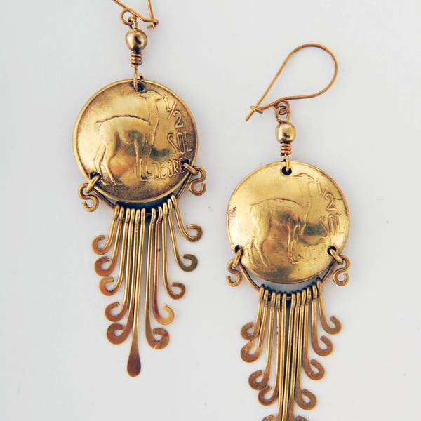 Peru coin earrings brass vintage dangly boho gypsy llama design recycled genuine coins fairtrade Tumi South American
