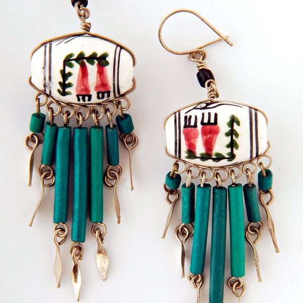 Dangly drop earrings with hand painted peruvian clay barrel bead with wood tassles, hand made in Pisac and fairtrade, 60m. (p1016)