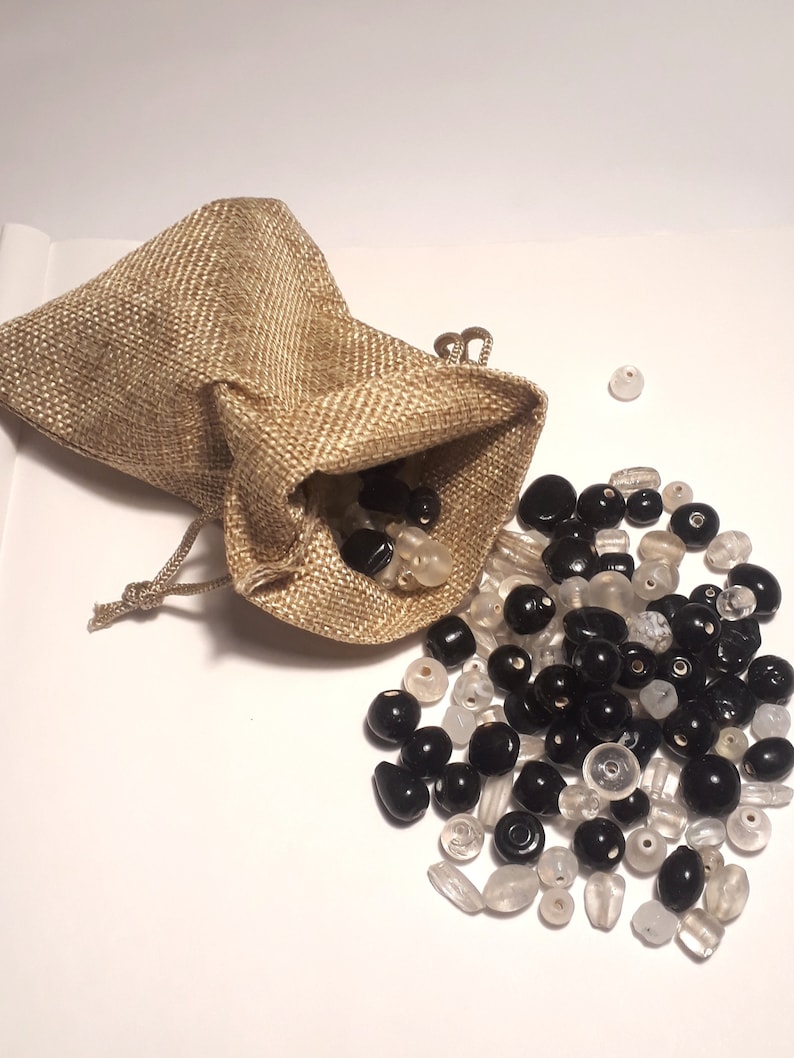 sizes designs hand made in India fairtrade in hesian gift bag ready gift A bagful of beads black and white glass beads mixed shapes
