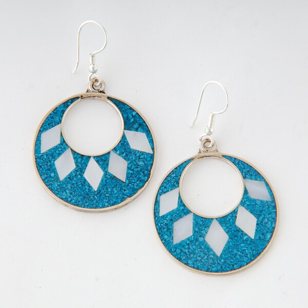 Mexican turquoise drop earrings, round, crushed turquoise, white diamonds inlaid shell, blue earrings, fair trade gift from Mexico (M1053)