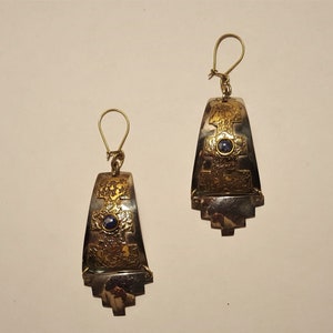 Art deco style vintage dangly earrings 45 mm with  brass and lapiz lazuli hand made in Santiago, Chile fair trade (C1021)