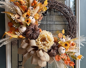 Autumn Wreath in Fall Colors Leaves and Flowers, Mini Pumpkins, Pampas Grass, Burlap Bow (Made to Order)