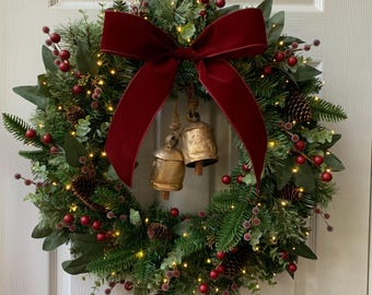 Classic Christmas Wreath with Bells and Optional Lights- Custom Color Bow