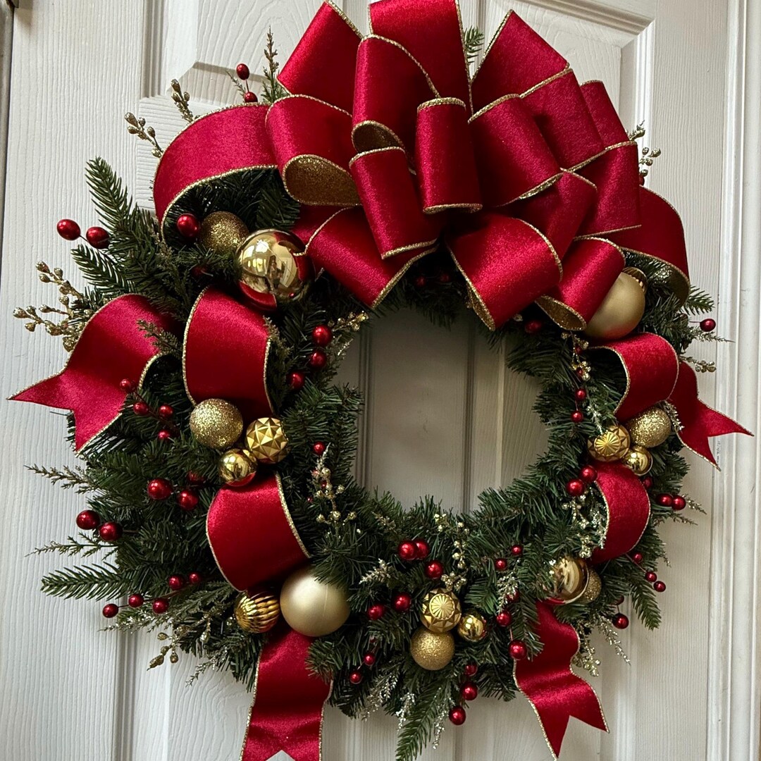 Christmas Wreath With Large Deluxe Bow and Ornaments - Etsy