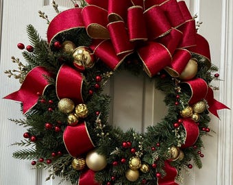 Christmas Wreath with Large Deluxe Bow and Ornaments, with Optional Lights