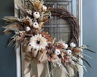 Neutral Fall Grapevine Wreath, Beige and Cream Florals, Mini Cream Pumpkins, Burlap Bow (Made to Order)