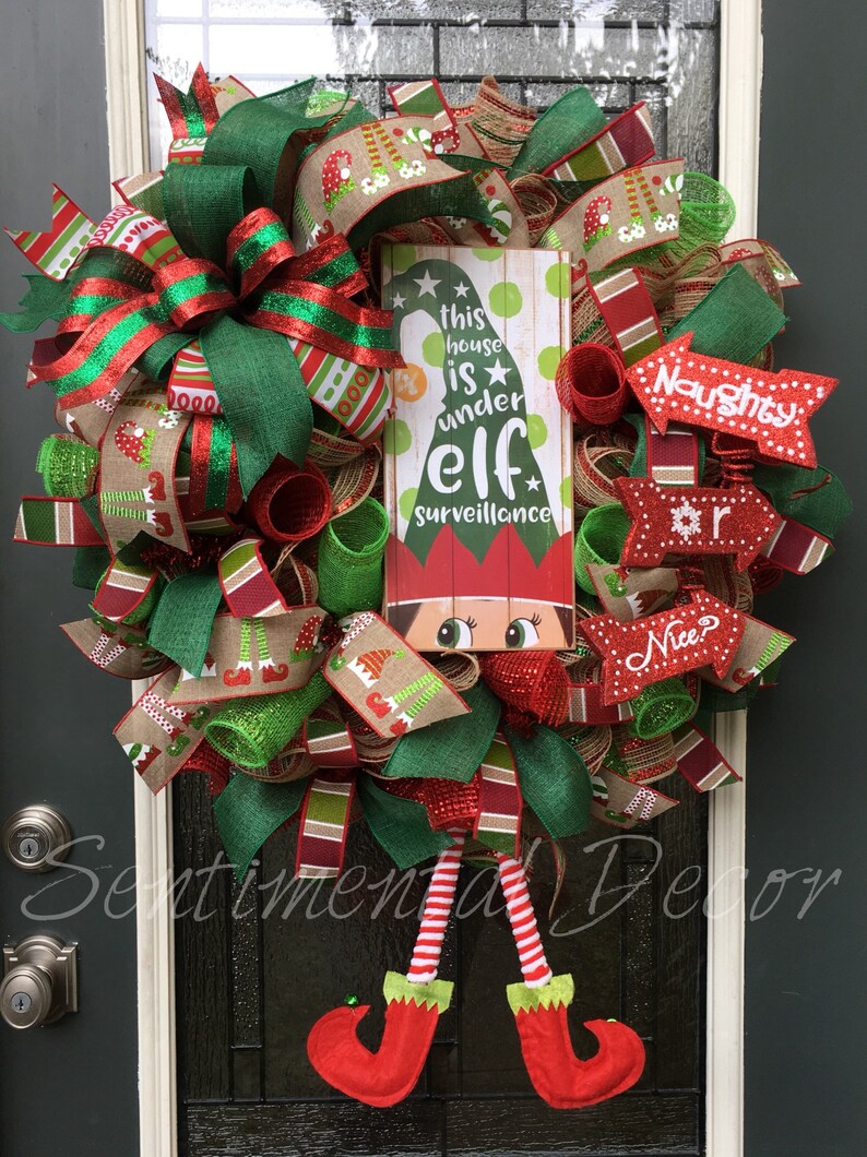 Elf Wreath,Elf Surveillance Wreath,Christmas Deco Mesh Wreath,Elf Legs,Naughty Or Nice Wreath,Whimsical Wreath,Christmas Elf Decorations