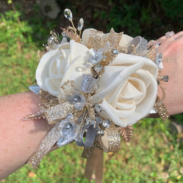 Corsage with Extra Custom Accents, CHECK SHIPPING TIME, Rush orders may be available, Sola Wood Flowers, Optional Matching Boutonnière