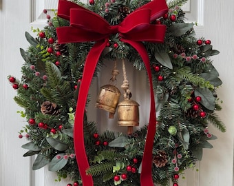 Christmas Pine Wreath with Rustic Gold Bells, Red Bow, with Optional Lights