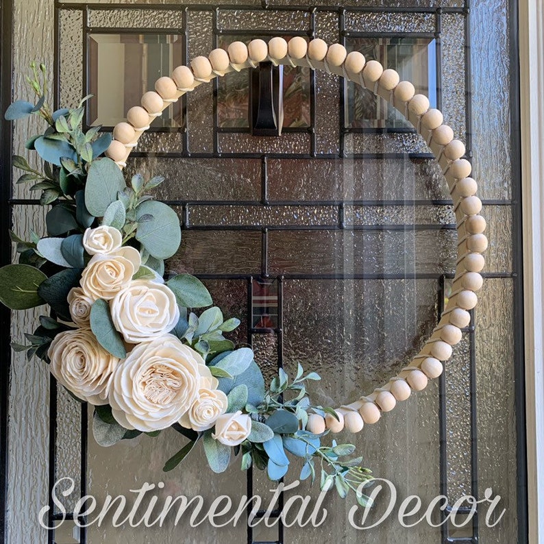Wood Bead Wreath with Sola Wood Flower Embroidery Hoop Etsy