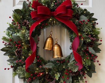 Christmas Pine Wreath with Classic Brass Bells, Red Bow, with Optional Lights