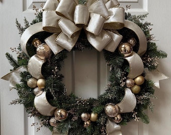 Christmas Wreath with Large Deluxe Ivory Bow and Ornaments, with Optional Lights