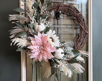 Fall Wreath with Pink Dahlia, Cream Sunflower, Pumpkins, and Velvet Ribbon