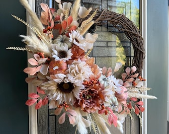Terra Fall Wreath, Neutral Warm Colored Florals with Mini Pumpkins and Pampas Grass, Boho Wreath