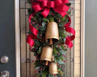 Large Teardrop Christmas Swag Wreath, Rustic Bells, Red Bow, Front Door Decor