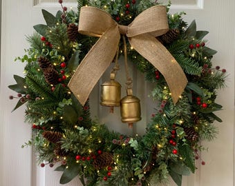 Classic Christmas Wreath with Bells, Optional Lights, Custom Color Bow