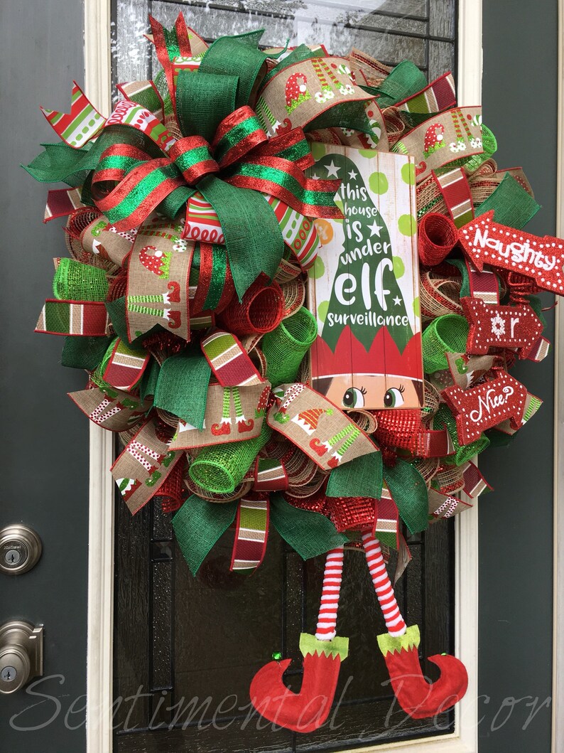Elf Wreath,Elf Surveillance Wreath,Christmas Deco Mesh Wreath,Elf Legs,Naughty Or Nice Wreath,Whimsical Wreath,Christmas Elf Decorations