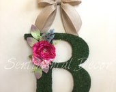 Moss Letter with Floral Accent,18" Front Door Moss Initial Wreath,Door Monogram,Church Door Letters,Rustic Wedding Monogram Decor