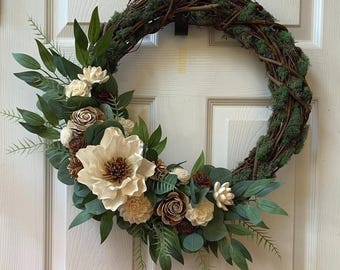 Magnolia Grapevine Wreath with Sola Wood Flowers and Eucalyptus
