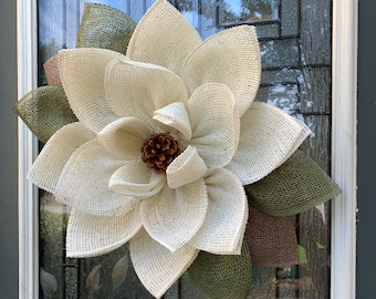 Magnolia Burlap Wreath: Neutral Door Decor (18-inch), Made to Order