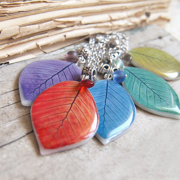 Colorful leaves necklace - Handmade leaf resin epoxy earrings - Polymerclay jewelry set