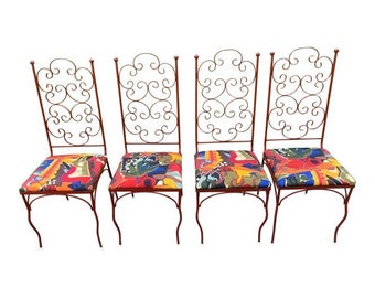 Regency Iron scroll tall back garden patio sun room chair set of 4 mid century OD MONTMARTRE Clarence House Textiles