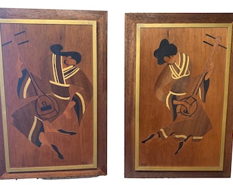 House of Ran Su Mandarin Pair of inlay wood wall art decor Mid Century Tiki