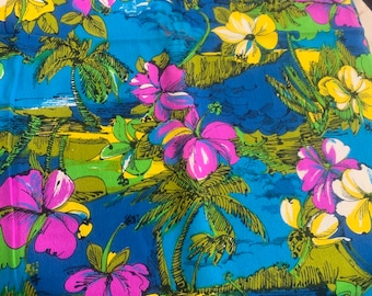 Vintage Hawaiian Print Fabric 3 Yards indigo blue magenta green palm tree floral