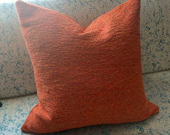 Custom pillow cover in vintage designer tweed orange yellow gold threads knife edge 20 by 20