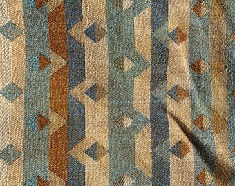 Vintage decorator upholstery remnant fabric Gold Turquoise and cobalt diamond weave
