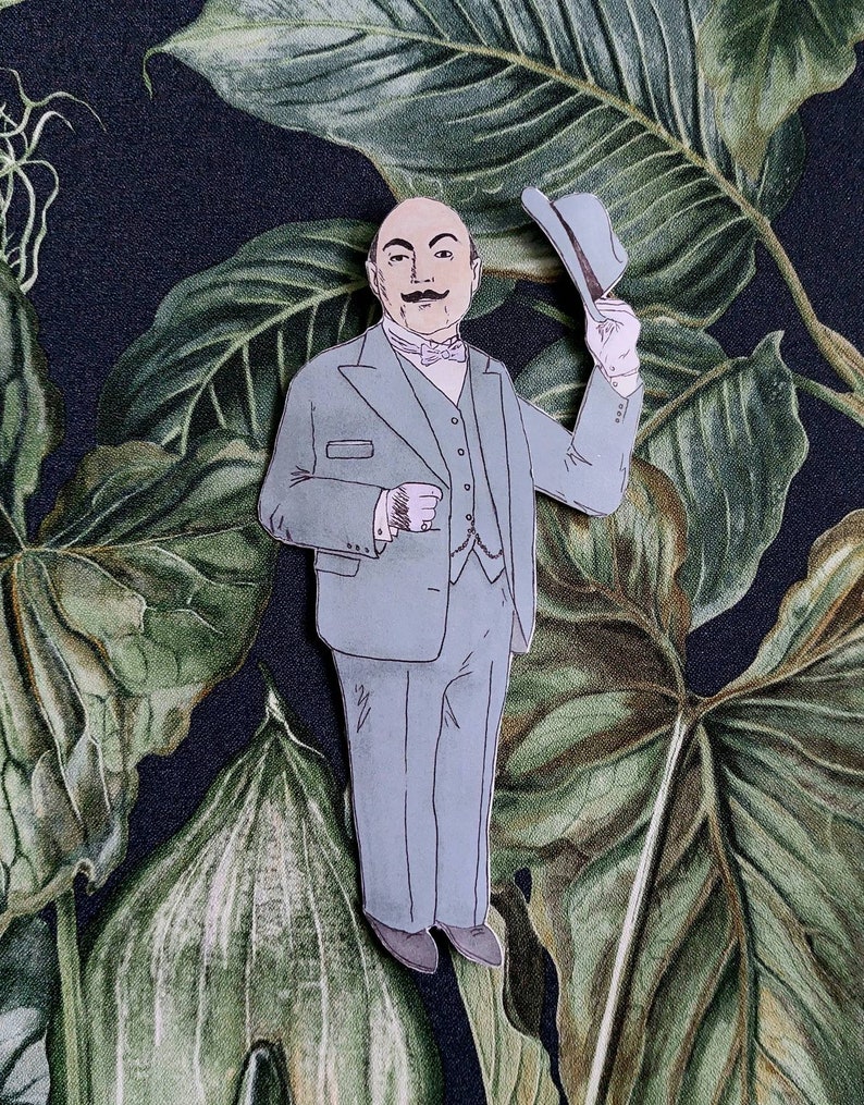 May include: A cartoon illustration of a man in a gray suit and a gray hat, tipping his hat. The man has a mustache and a bald head. The background is a dark green and black floral pattern.