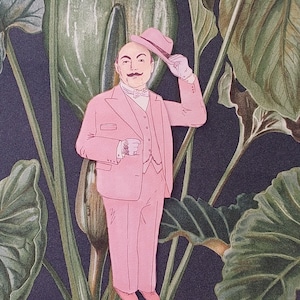May include: A pink suit with a white shirt and bow tie. The man is wearing a pink hat and is holding his hat with his right hand. The background is a dark green and brown floral pattern.