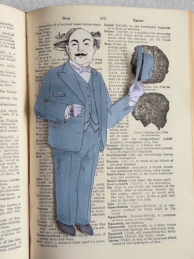 May include: A vintage illustration of a lion with a blue hat and a man in a blue suit. The illustration is from a dictionary with the word "lipase" and its definition.