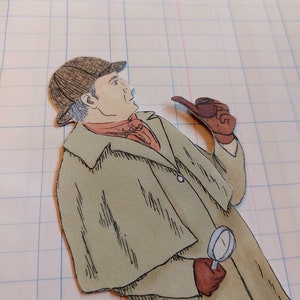 May include: A cartoon illustration of a man wearing a brown hat, a brown coat, and a red scarf. He is holding a magnifying glass in his right hand and a pipe in his left hand.