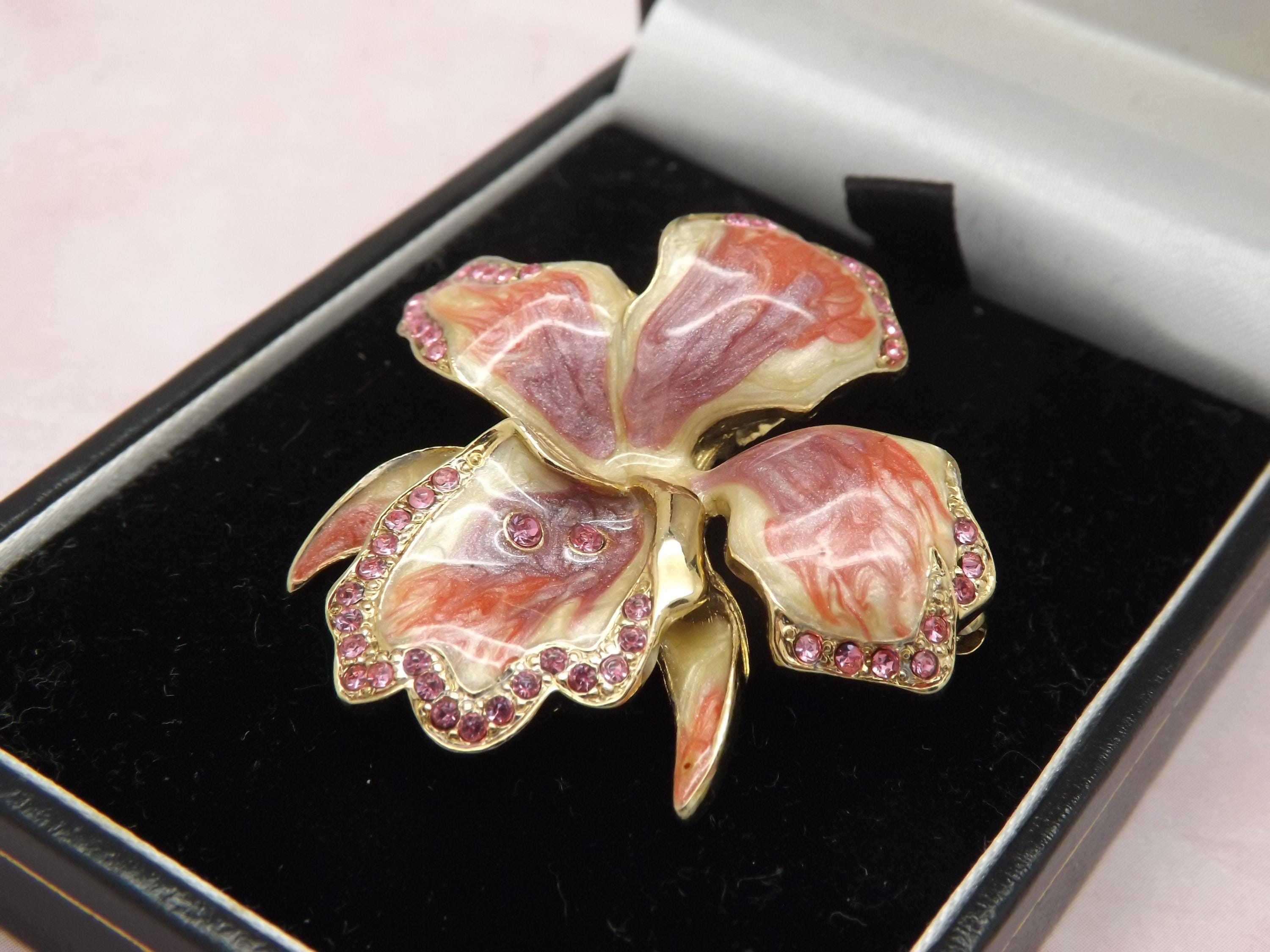 Broche Vintage Fleur Orchidée Multicolore - Métal Doré - Bijou Fantaisie