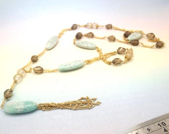A beautiful handmade Parure mixed shape glass bead costume necklace made with smooth  mixed size and colour beads strung on goldtone chain