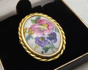 Broche Ancienne LIMOGES En Porcelaine - Bouquet De Fleurs Peint à La Main - Occasion