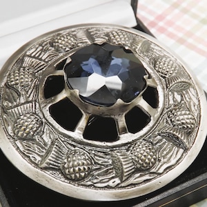 Könnte beinhalten: Silberfarbene Brosche mit einem großen, facettierten blauen Edelstein in der Mitte. Die Brosche hat ein kreisförmiges Design mit detaillierten Distel- und Blattmotiven um den Edelstein. Präsentiert in einer schwarzen Box.