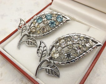 Vintage Mid Century  Japanned Butterfly Brooch  Emerald Green & Sky Blue Colored Rhinestones