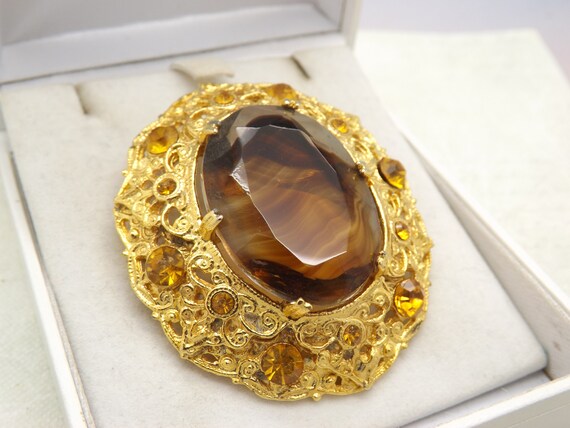 Broche Vintage Cristaux Et Diamant Solitaire - Couleur Or, état Impeccable, Bijou Fantaisie Femme