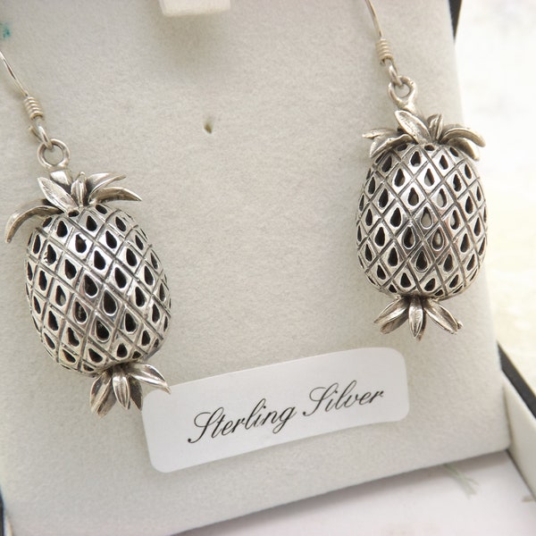 A superb pair of foreign handmade pineapple dangle drop vintage jewelry pierced earrings made in 925 pierced, shaped and polished silver