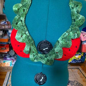 May include: A handmade crochet top in the shape of a strawberry. The top features a red base with black seed details and is trimmed with green, leafy crochet. The halter top is displayed on a teal dress form.