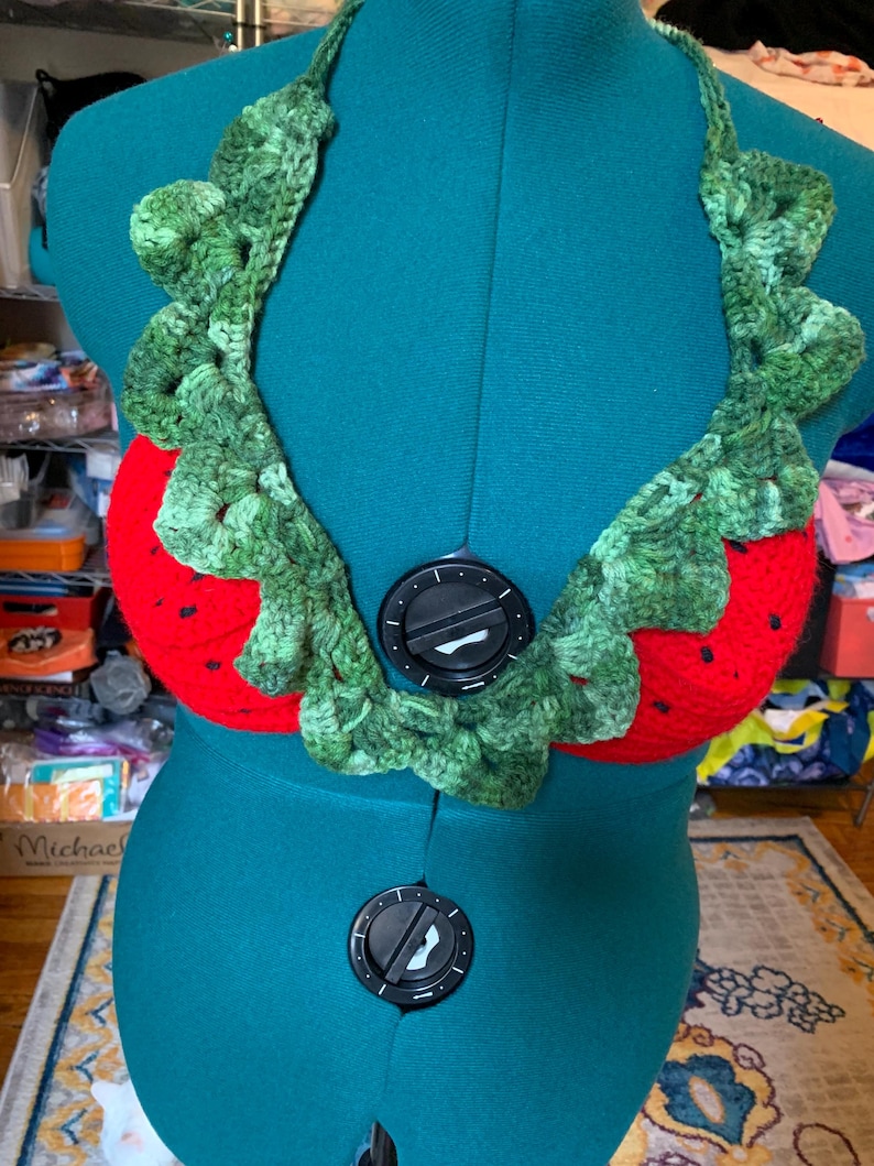 May include: A handmade crochet top in the shape of a strawberry. The top features a red base with black seed details and is trimmed with green, leafy crochet. The halter top is displayed on a teal dress form.