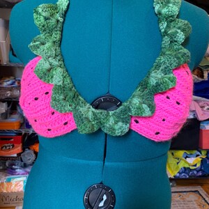 May include: A handmade crochet top in the shape of a watermelon. The top features a bright pink base with black seed details and a green leafy trim around the neckline. The halter top is displayed on a teal mannequin.
