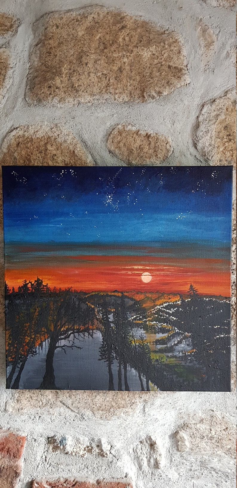 Acrylic Paint Stars, Original Artwork Trees Sun Stellar Sunset Sky Canvas Twilight